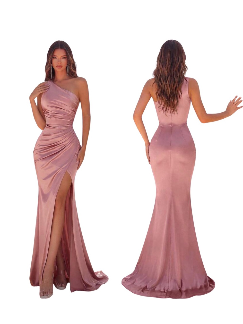 One-Shoulder Satin Evening Gown in Dusty Rose